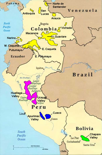 map of major growing regions within Peru and Bolivia
